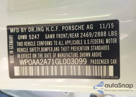 2016 Porsche Panamera 4 z USA, uszkodzony, nr VIN WP0AA2A71GL003099